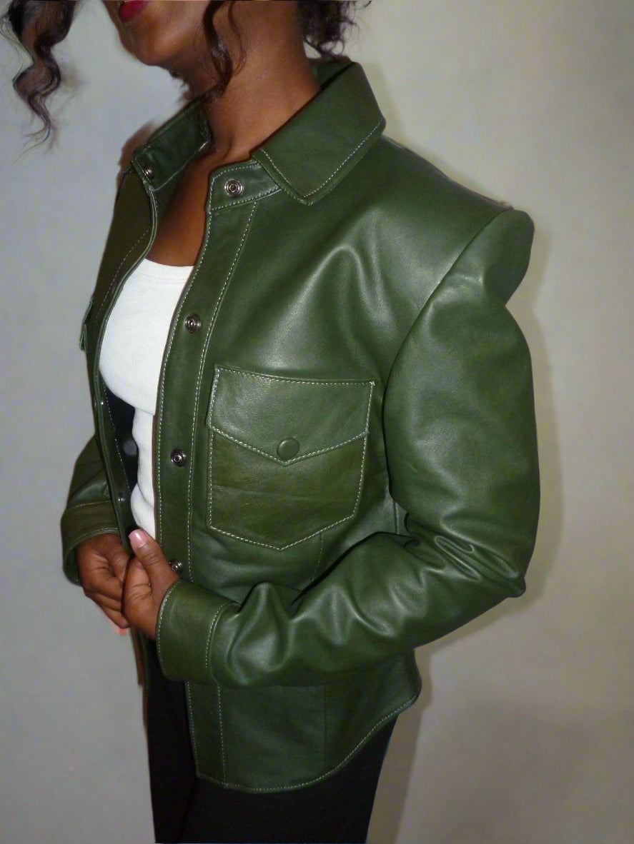 Women's Leather Jacket – Emerald Green Jacket with Military-Inspired Flair